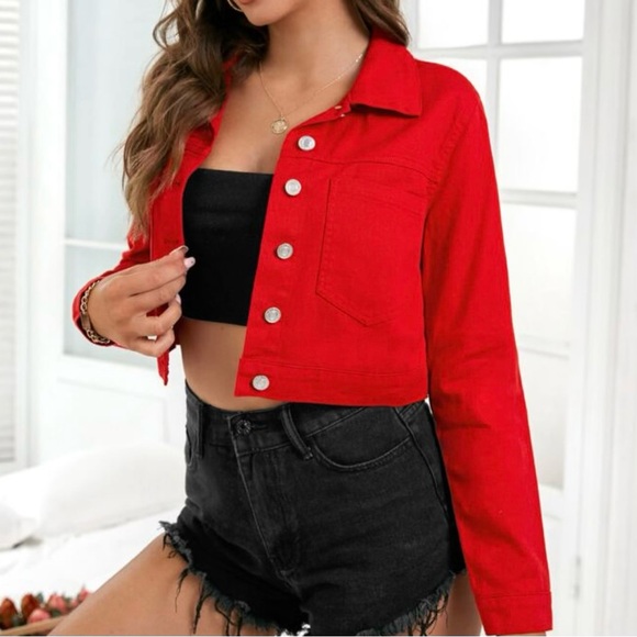 Red Cropped Denim Jacket - Picture 4 of 4